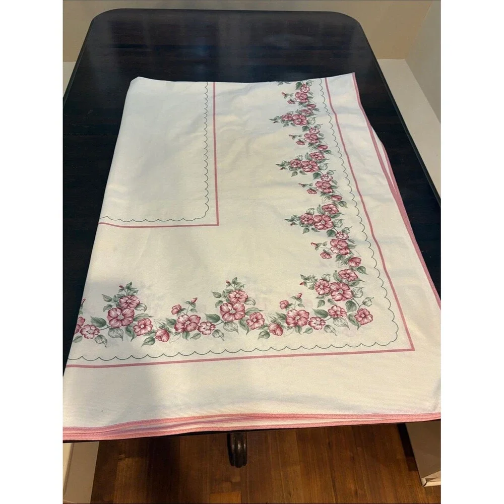 Floral Border Pink and White Tablecloth